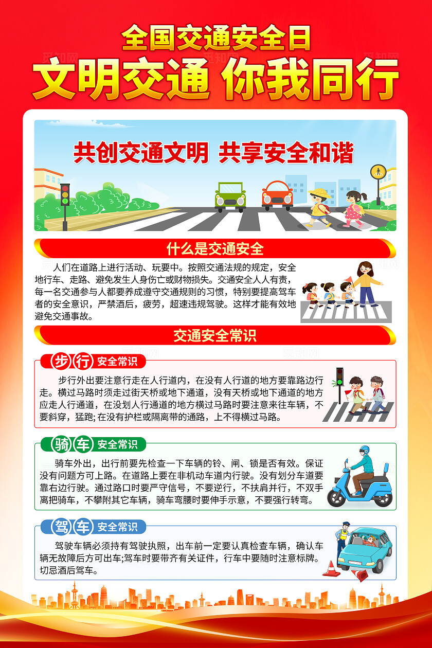 红色简约文明交通安全出行知识宣传全国交通安全日海报套图背景