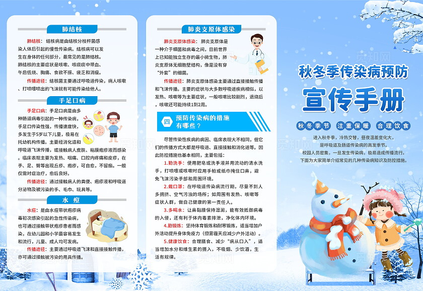 蓝色卡通简约秋冬季传染病预防科普宣传三折页设计传染病预防冬季传染病预防