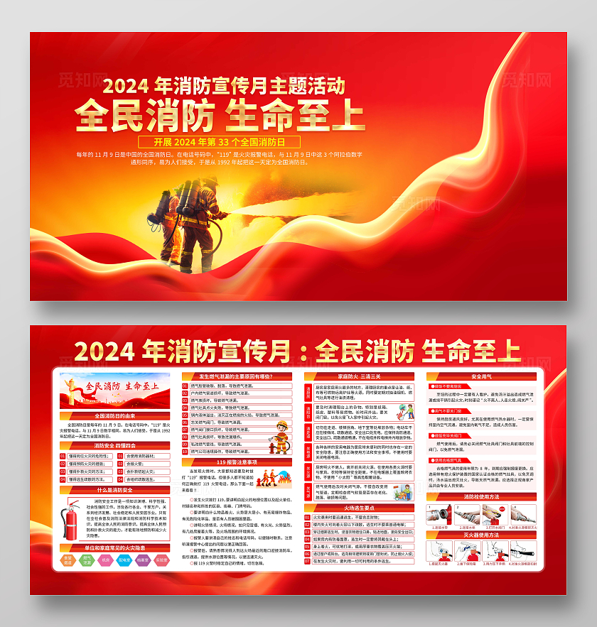 2024年红色大气消防宣传月主题活动宣传栏消防月