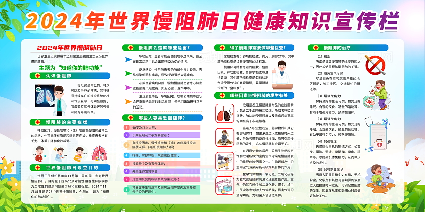 蓝色清新简约2024年世界慢阻肺日健康知识宣传栏展板设计