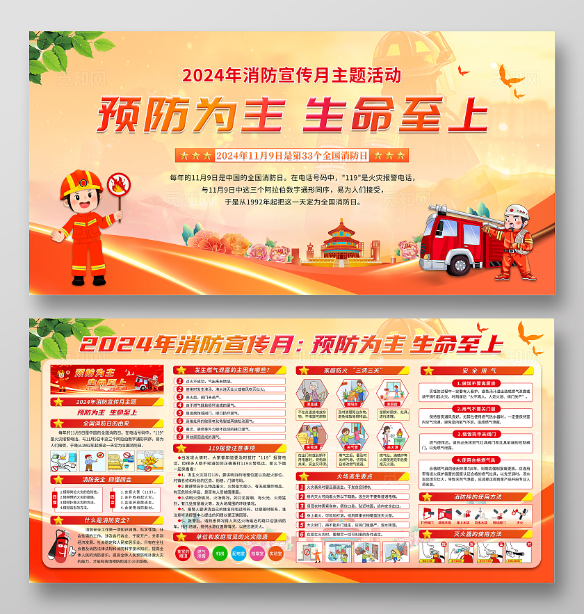 消防安全月红色渐变大气2024年消防宣传月宣传栏背景展板消防月