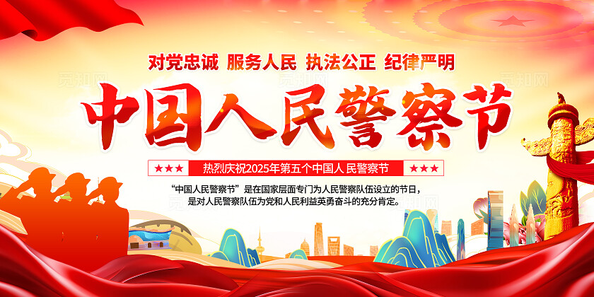 红黄色简约中国人民警察节警察知识宣传栏背景