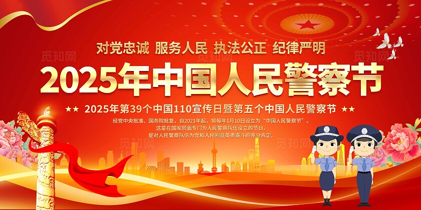 红色大气2025年中国人民警察节人民警察常识知识宣传栏背景