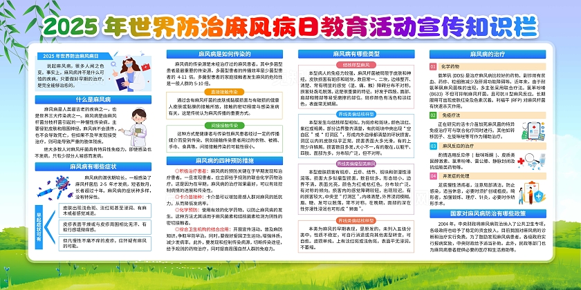 2024年蓝色卡通国际麻风节宣传栏国际麻风节世界防治麻风病日