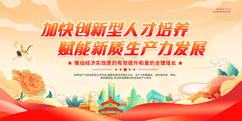 卡通创意国潮党建新质生产力展板发展新质生产力宣传展板