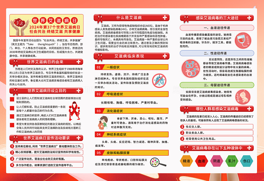 红色简约世界艾滋病日三折页世界艾滋病日折页