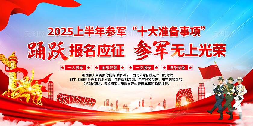 红蓝色简约2025年上半年参军十大准备事项征兵宣传知识宣传栏背景征兵宣传2025春季征兵