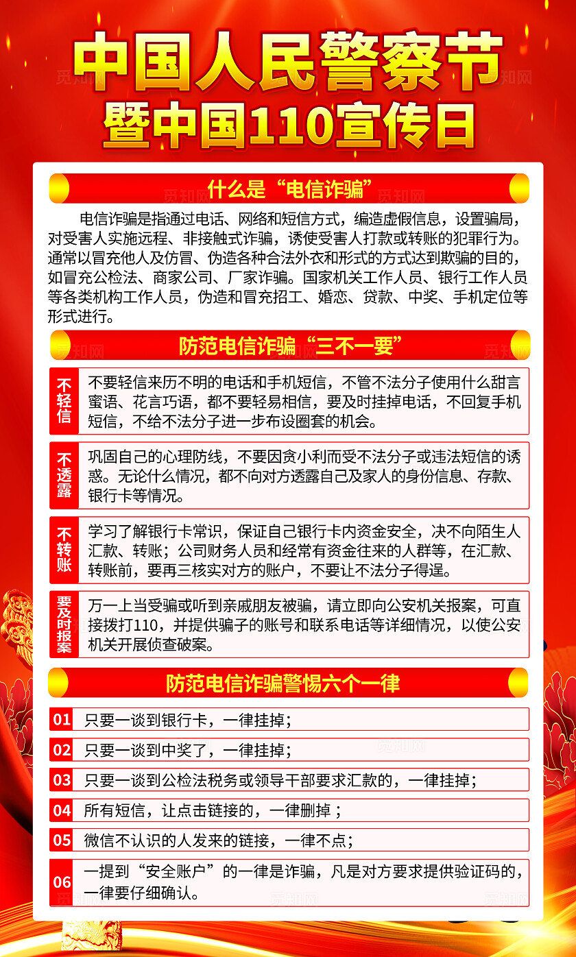 红色大气中国人民警察节中国110宣传日知识海报套图背景