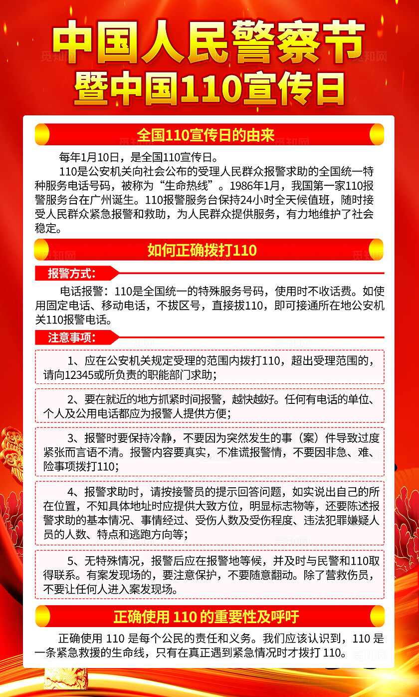 红色大气中国人民警察节中国110宣传日知识海报套图背景