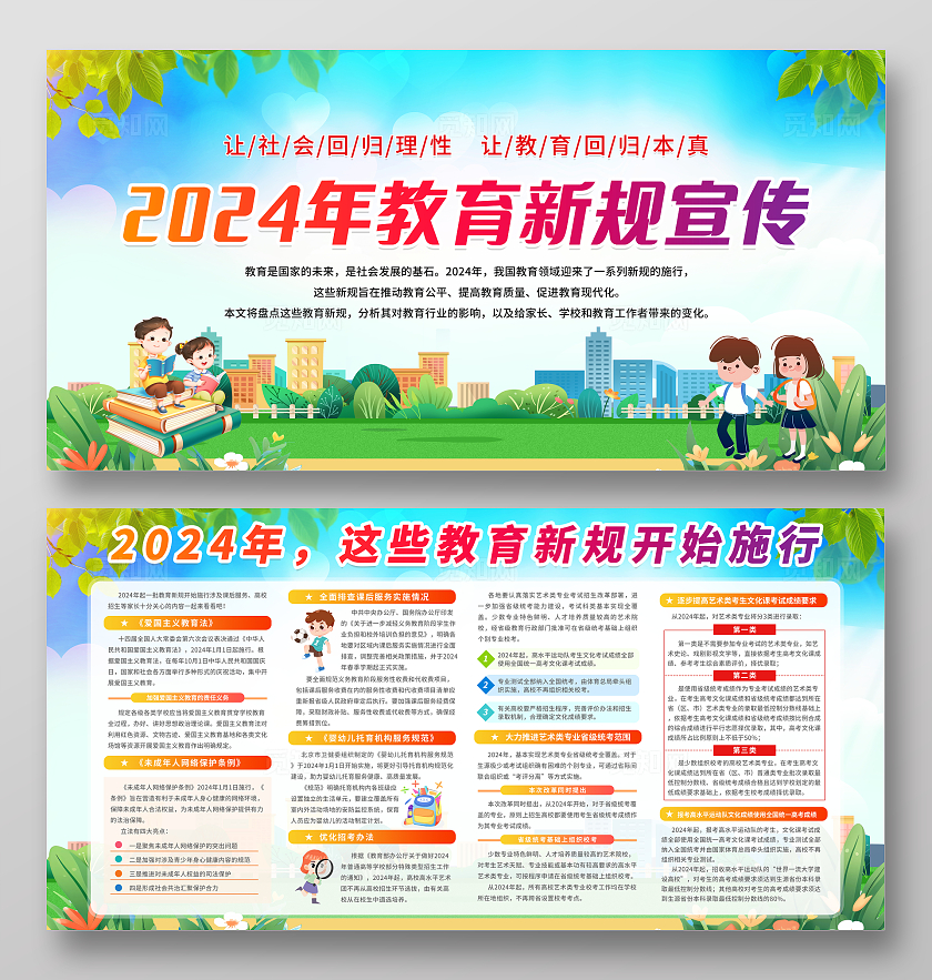 蓝色清新简约2024年教育新规政策解读教育优化宣传栏展板设计