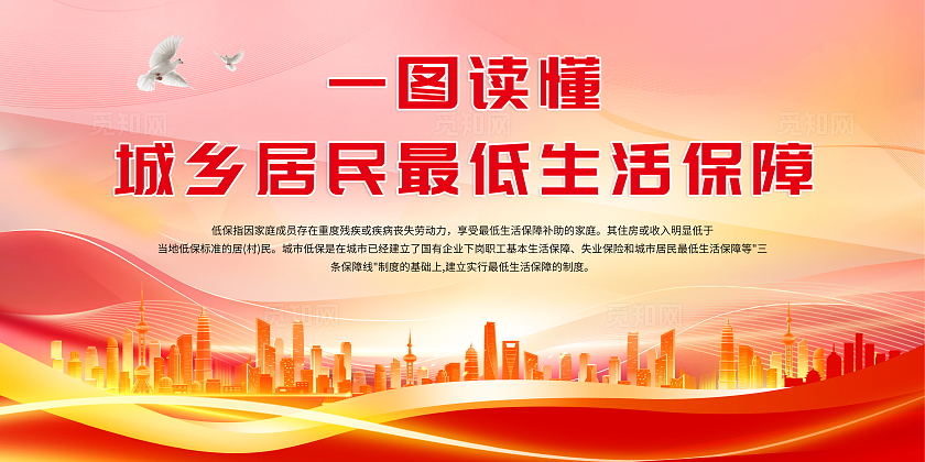 红色大气一图读懂城乡居民最低生活保障背景展板宣传栏政策解读