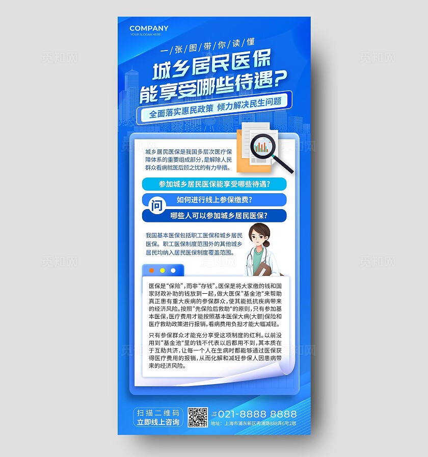 蓝色卡通创意城镇居民医保政策解读手机文案海报融媒体宣传