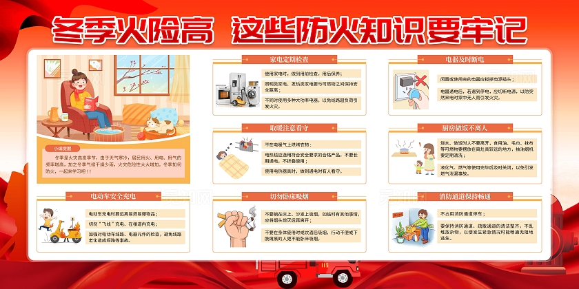 红色大气冬季火险高这些防火知识要牢记展板冬天冬季安全用电宣传栏