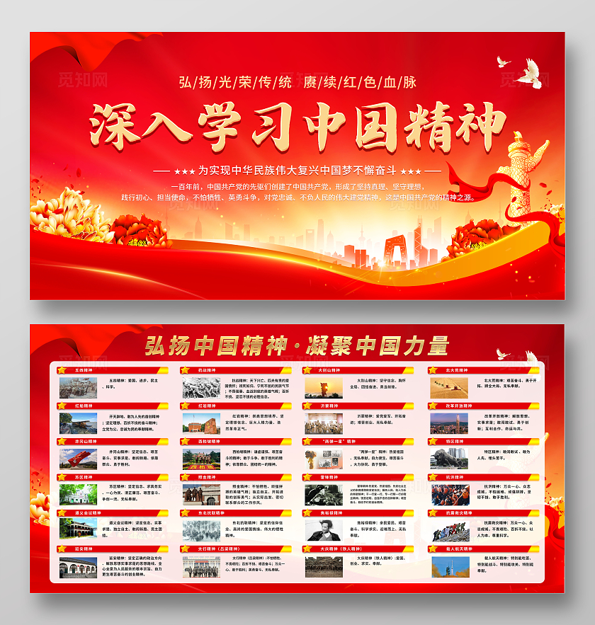 红色简约大气光效中国精神谱系宣传栏展板设计党建党政党课