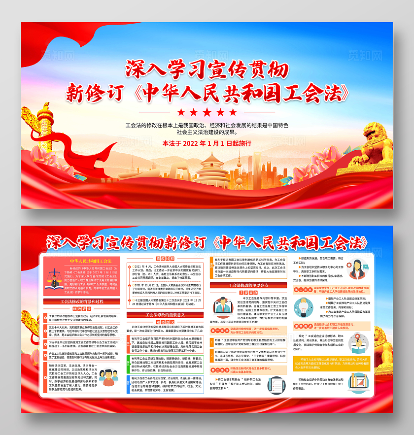 蓝色大气新修订中华人民共和国工会法工会展板
