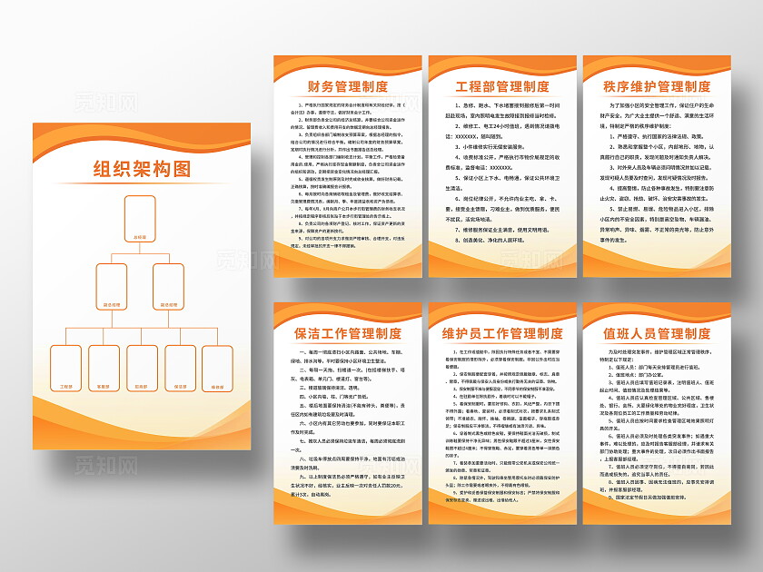 橘色简约科技感物业公司管理制度宣传套图海报设计人员组织架构图