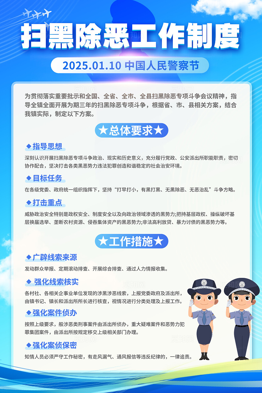 蓝色插画风剪影风中国人民警察节警察制度文案海报