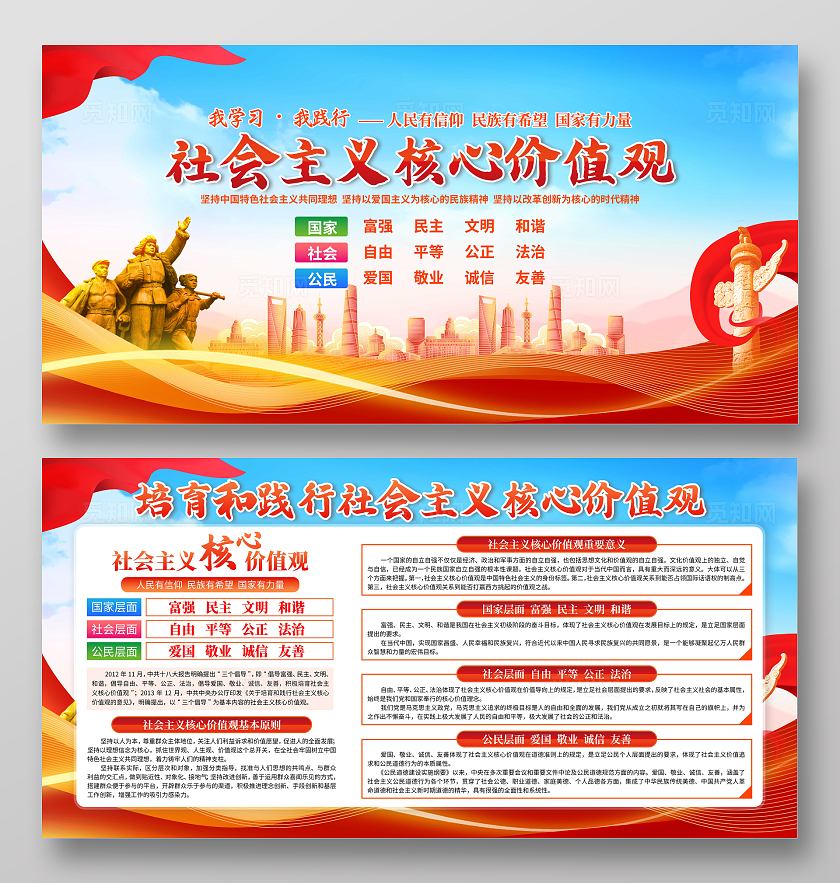 蓝色大气社会主义核心价值观宣传展板社会主体核心价值观图说价值观