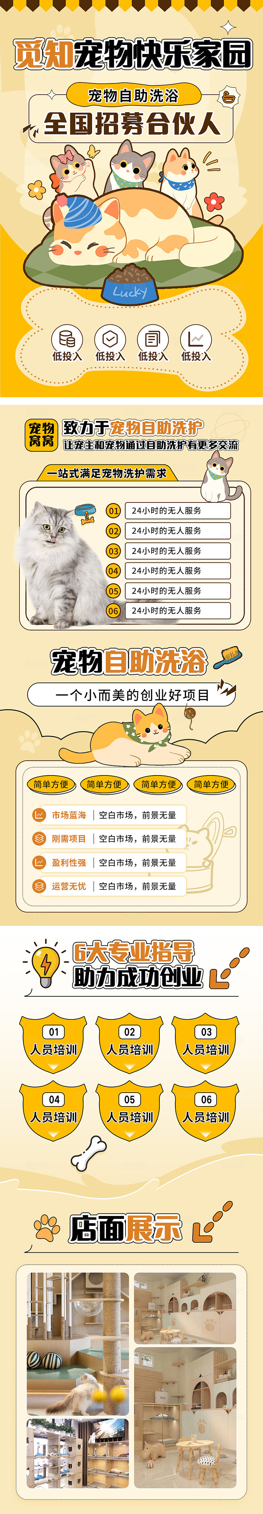 黄色插画风觅知宠物快乐家园宠物店宣传长图融媒体宣传