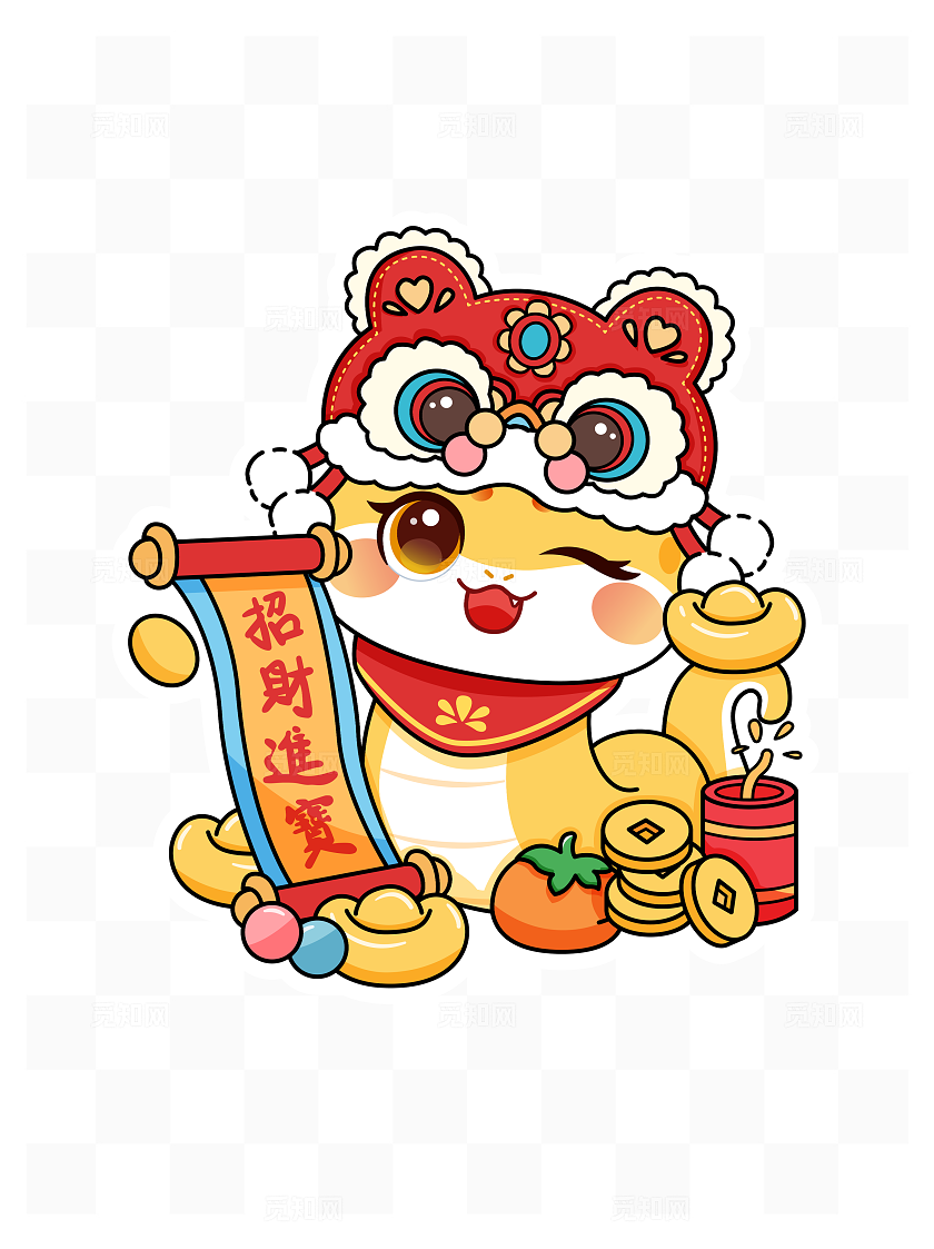 红色黄色窗花年画国潮风卡通插画拟人蛇年2025新年