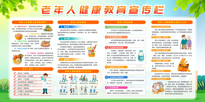 蓝色清新简约老年人健康知识科普宣传栏展板设计健康宣教
