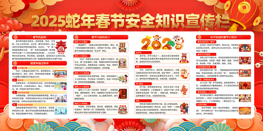 2025蛇年吉祥恭贺新春春节安全知识宣传栏展板