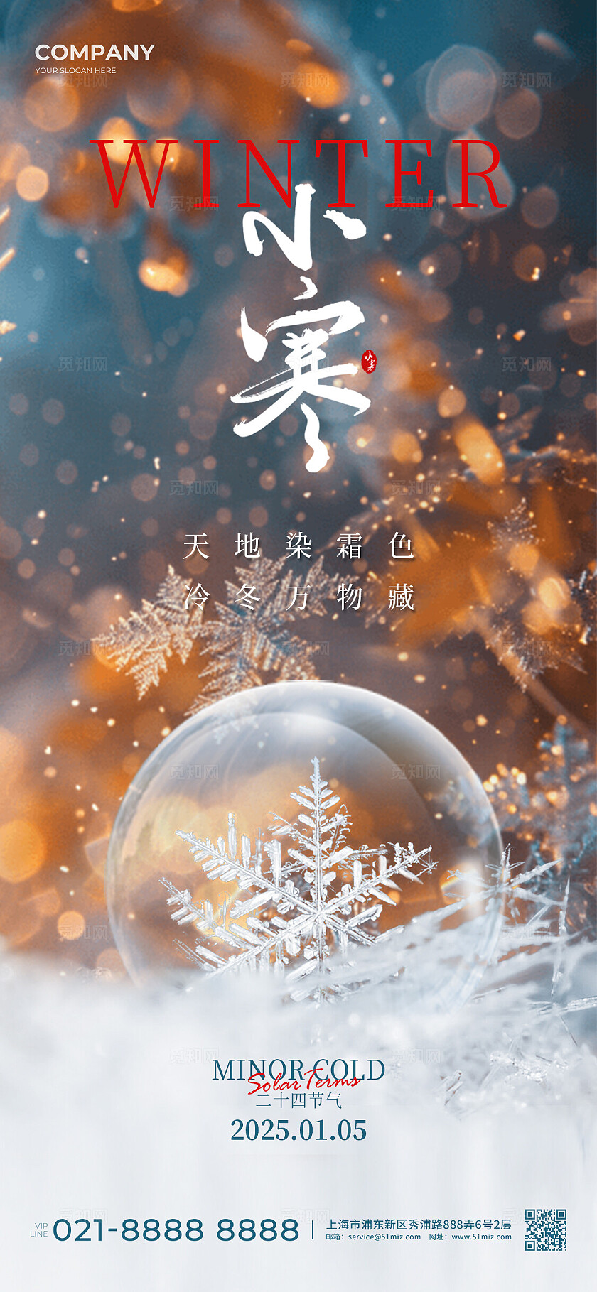 冷暖色调创意风小寒节气二十四节气手机宣传海报