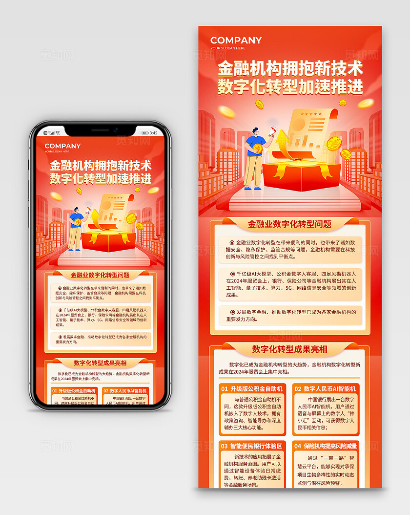 橙色孟菲斯金融业数字化转型金融机构调整手机长图背景融媒体宣传