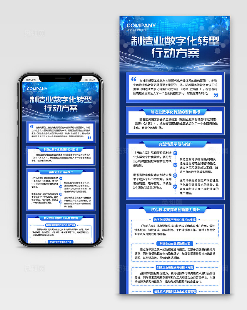 蓝色插画制造业数字化转型行动方案手机长图背景