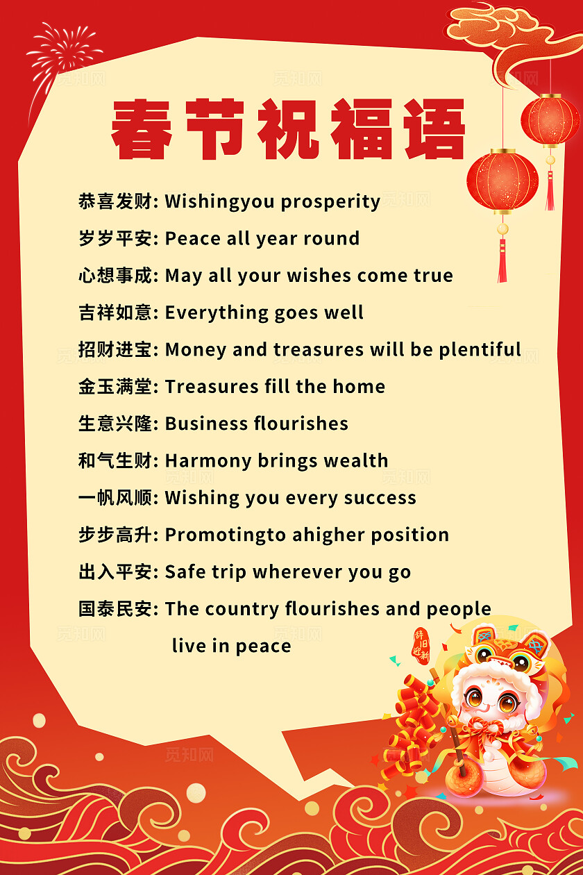 红色插画风春节英语宣传设计海报春节英语文案海报