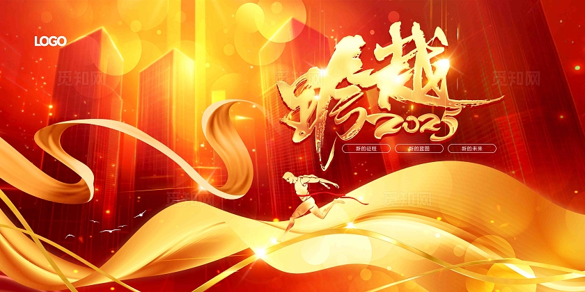 金红大气跨越2025企业年会舞台背景展板