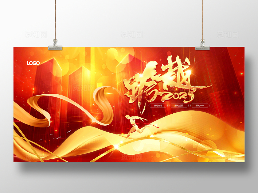 金红大气跨越2025企业年会舞台背景展板