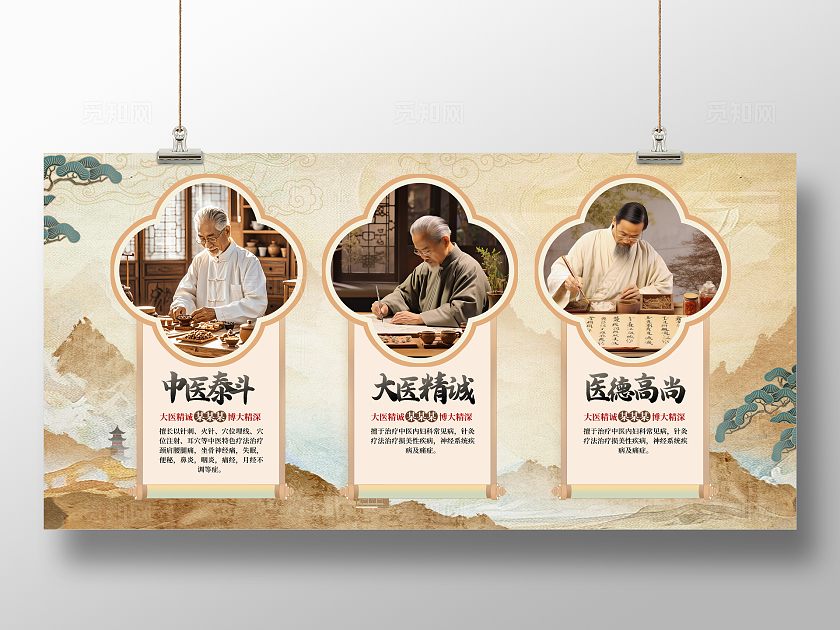 传统中国风中医人物简介宣传展板设计中医医师医生老中医人物介绍简介展板