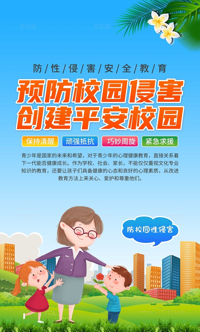 蓝色卡通预防校园性侵害套图日常安全教育海报套图