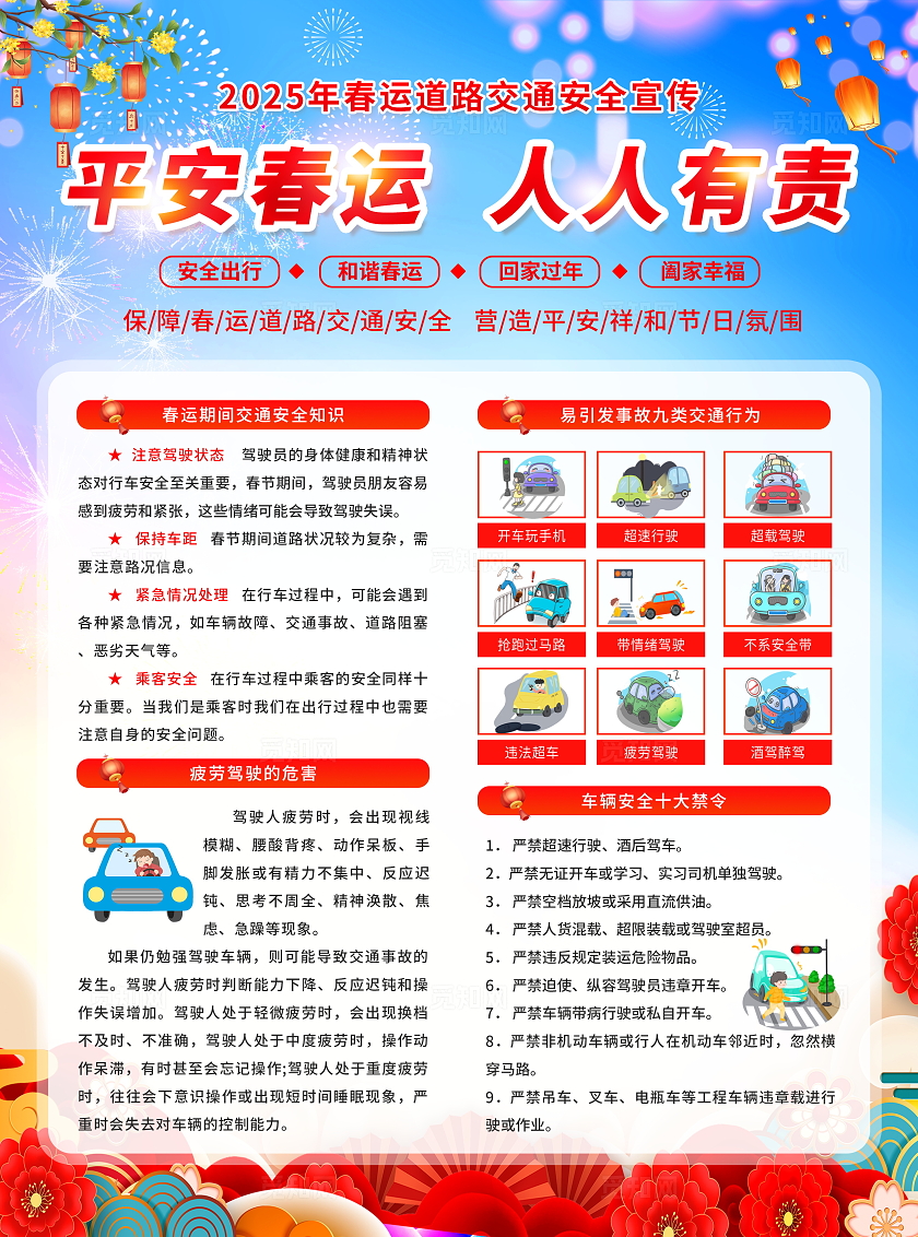 蓝色大气简约2025年平安春运安全宣传单设计