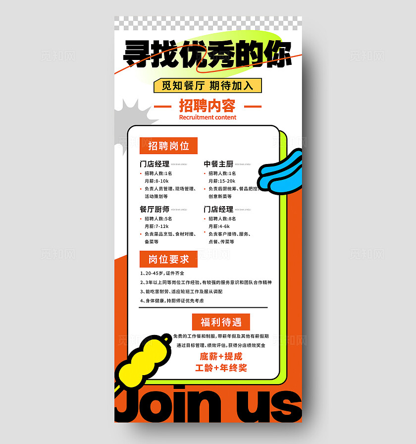 大气橙色创意饭店招聘海报