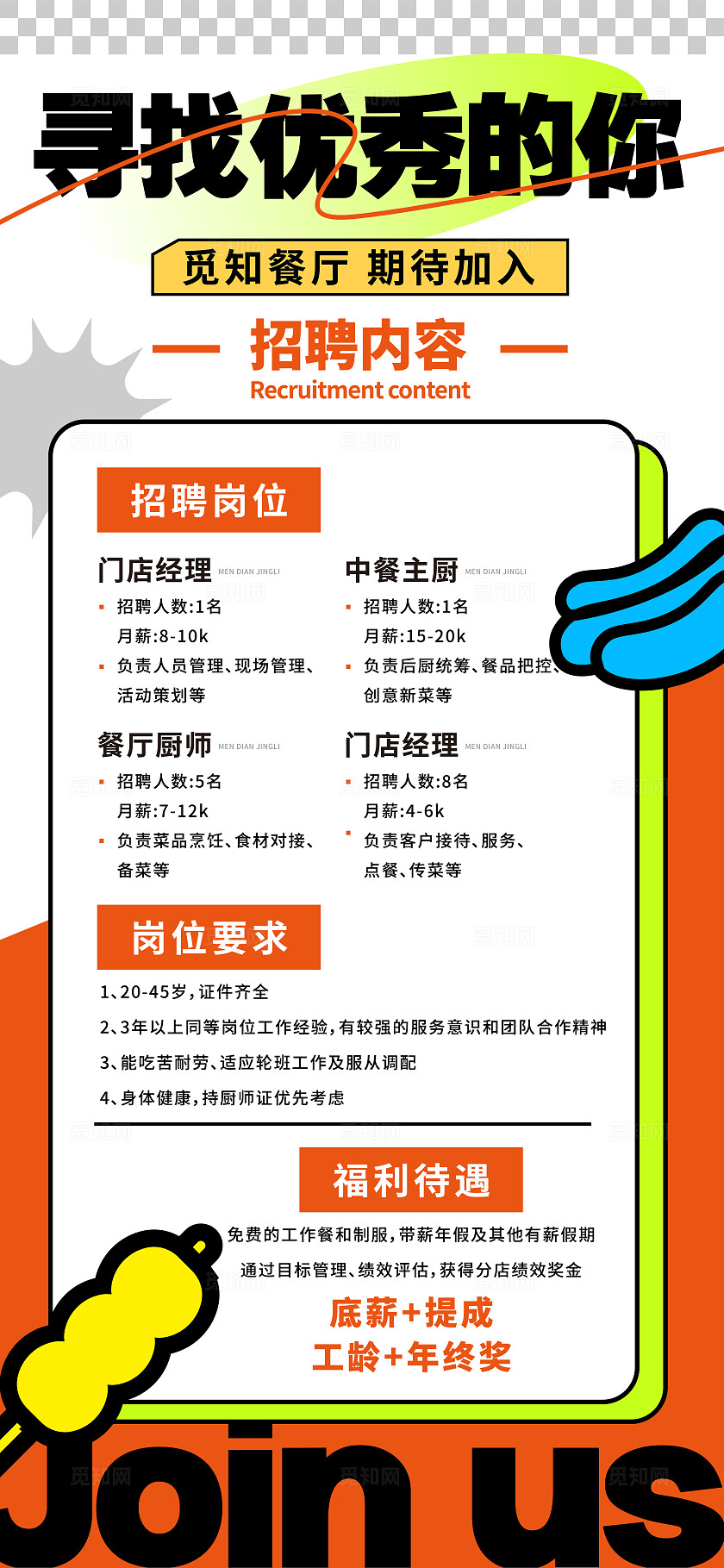 大气橙色创意饭店招聘海报