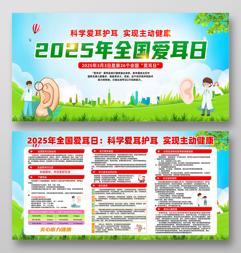 绿色卡通2025年全国爱耳日爱耳日展板宣传