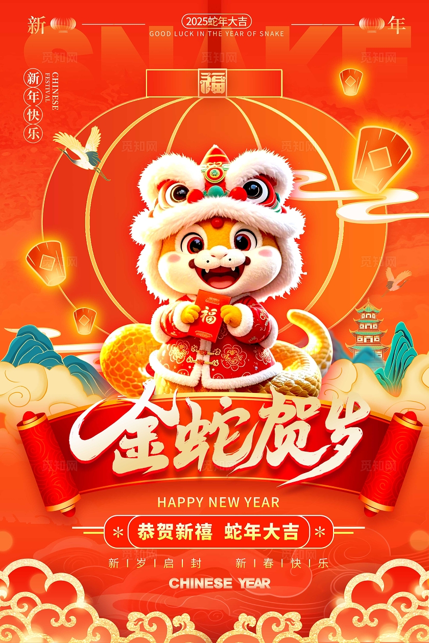 渐变色国潮风格金蛇贺岁蛇年海报春节海报新春海报