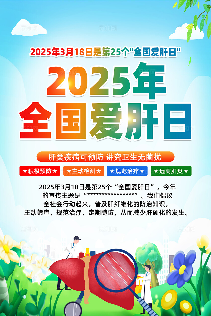绿色卡通早防早筛远离肝硬化2025全国爱肝日海报宣传