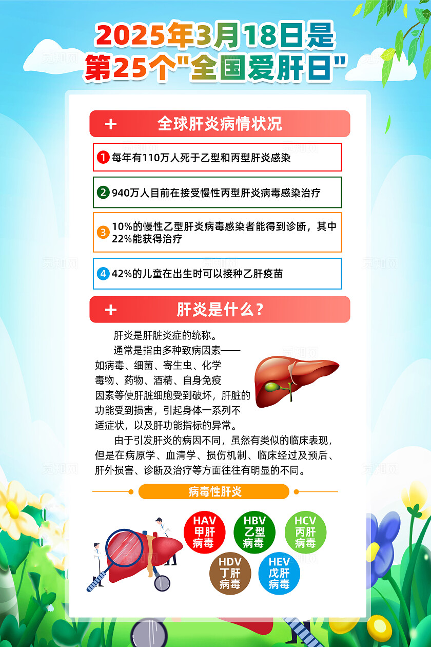 绿色卡通早防早筛远离肝硬化2025全国爱肝日海报宣传