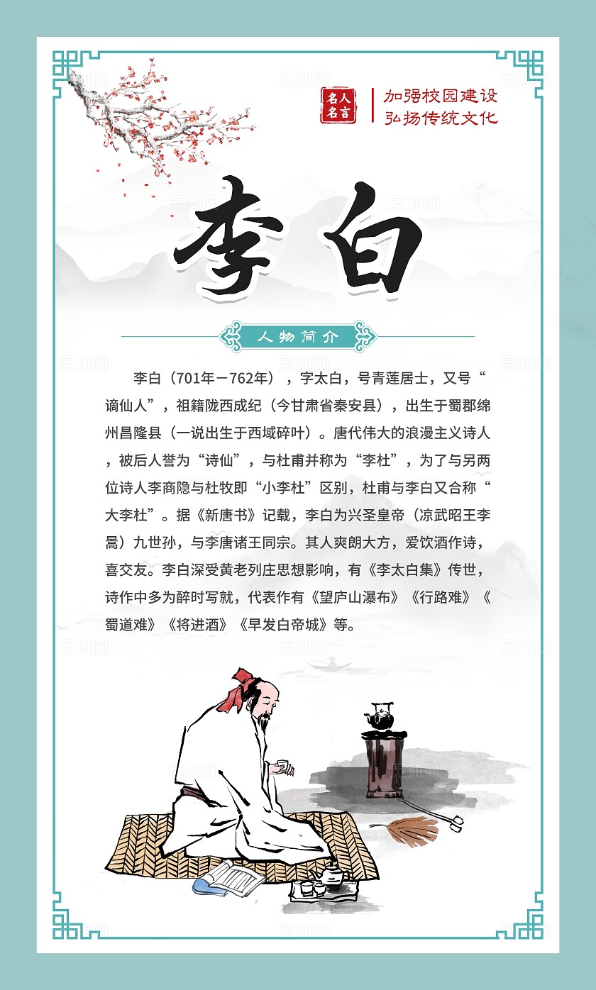 蓝色清新中国风古代诗人名人名言海报套图设计名人名言语录套图