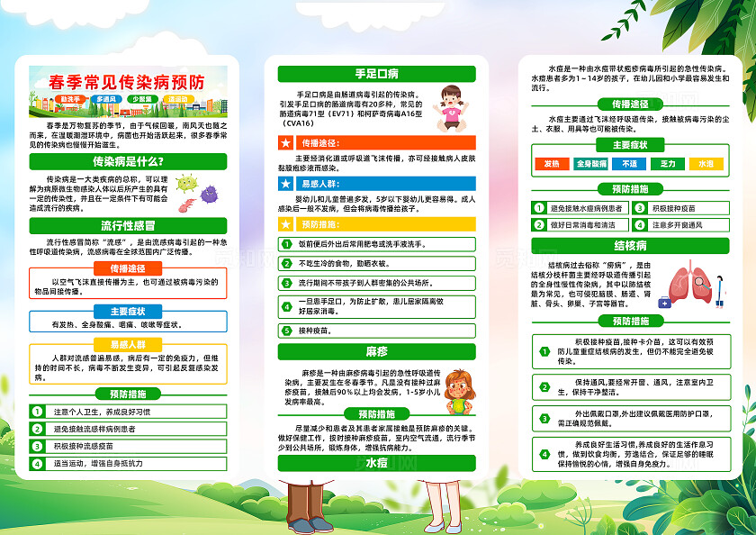 卡通风春季常见传染病预防宣传三折页