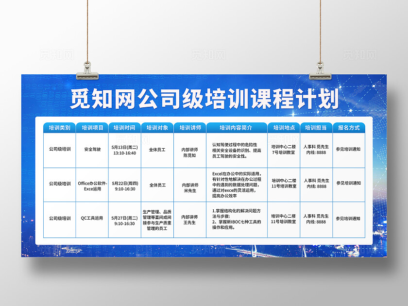 蓝色简约企业培训计划培训计划表宣传栏展板背景