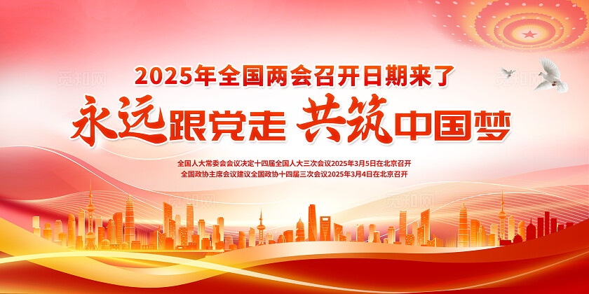 红色简约2025年国务院工作报告两会展板宣传聚焦2025全国两会