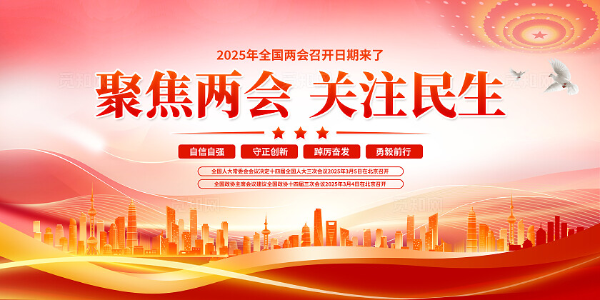 红色简约2025年国务院工作报告两会展板宣传聚焦2025全国两会