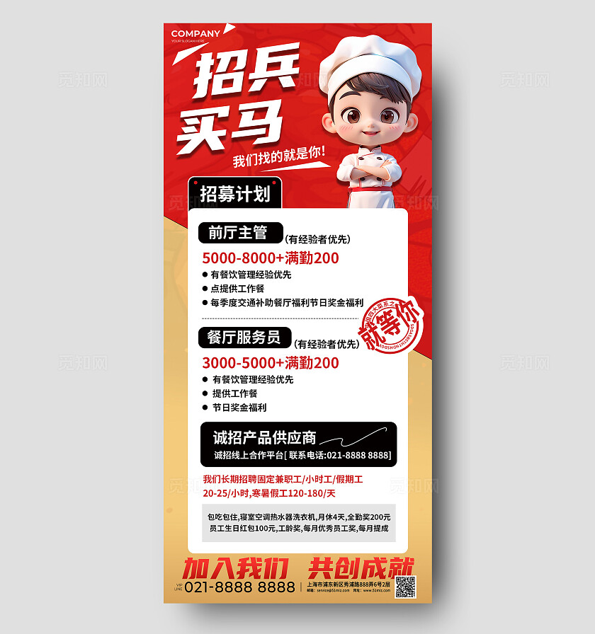 3D潮流卡通餐厅餐饮招聘厨师员工求职春招社招海报