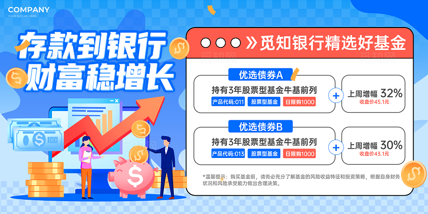 蓝色扁平插画风金融理财银行理财展板