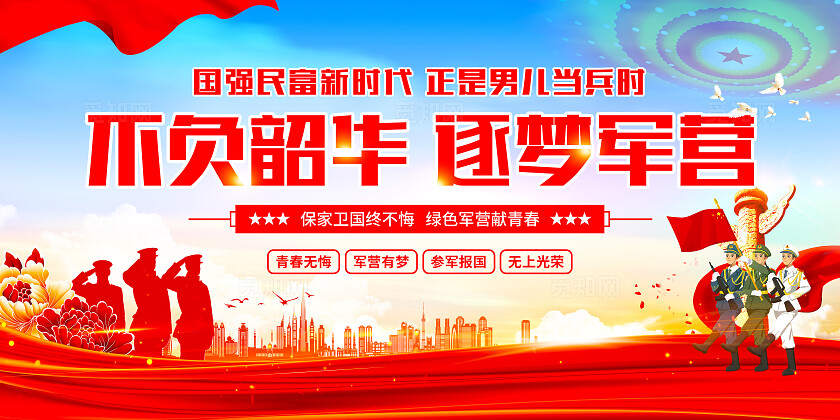 红色大气风2025不负韶华逐梦军营征兵参军国防入伍党建宣传展板