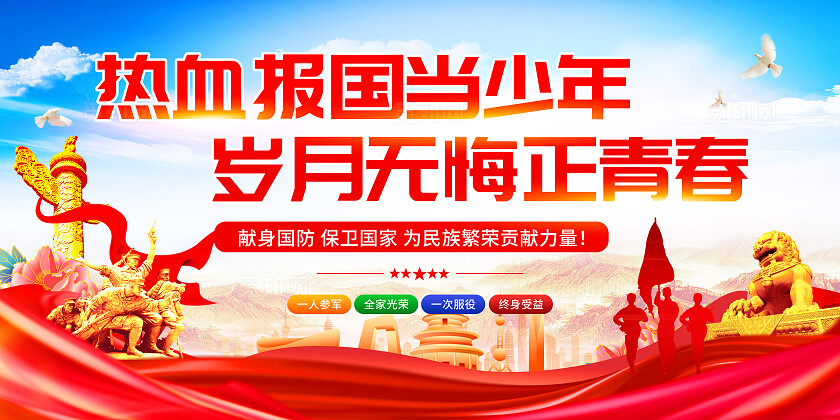 红色党建风热血报国当少年岁月无悔正青春2025征兵参军宣传展板